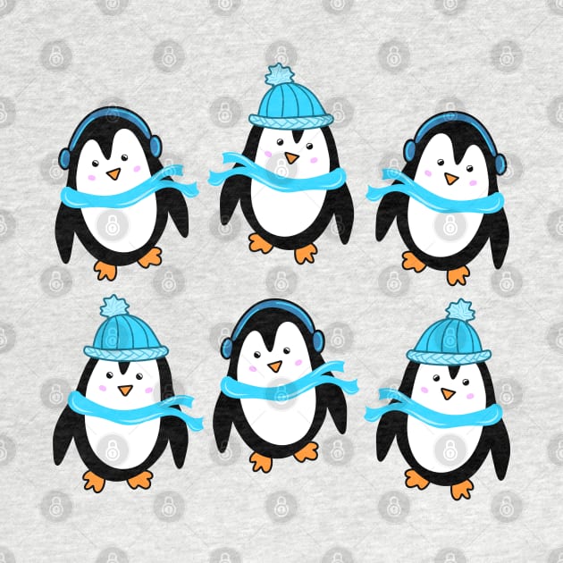 Festive Winter Penguins with Blue Scarves and Hats, made by EndlessEmporium by EndlessEmporium